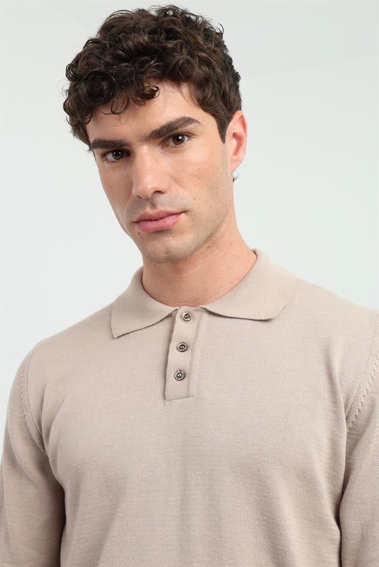 Bej Polo Yaka Düz Regular Fit Erkek Triko