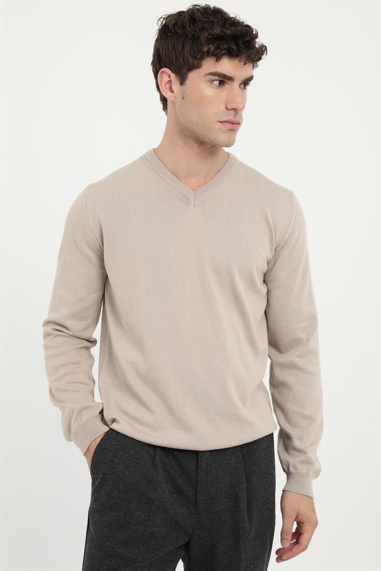 Bej  V Yaka Regular Fit Düz Erkek Triko