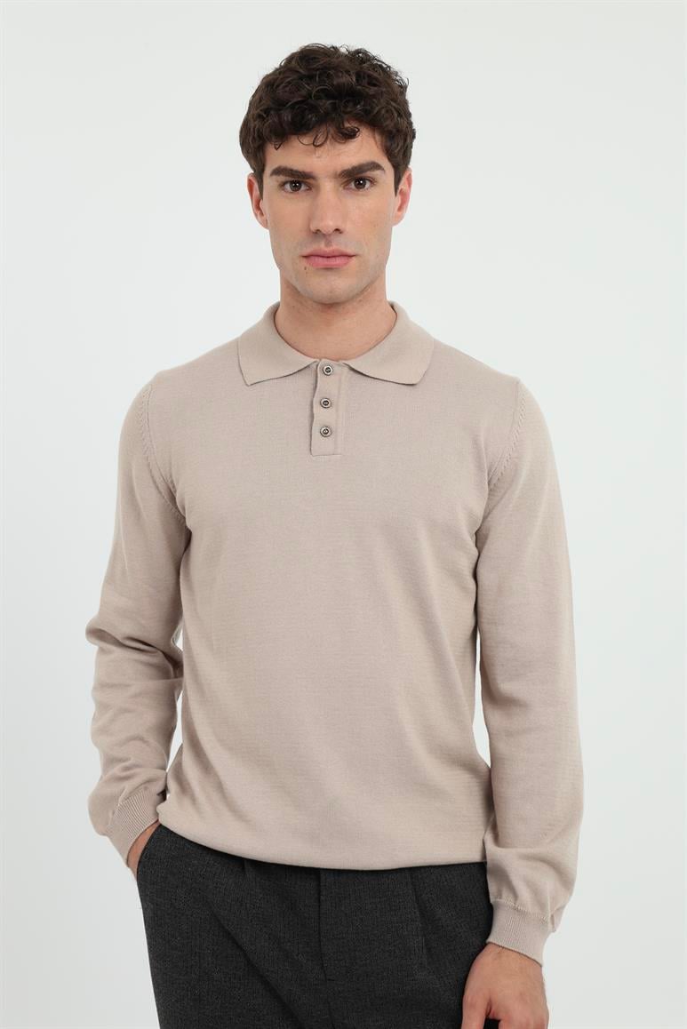 Bej Polo Yaka Düz Regular Fit Erkek Triko