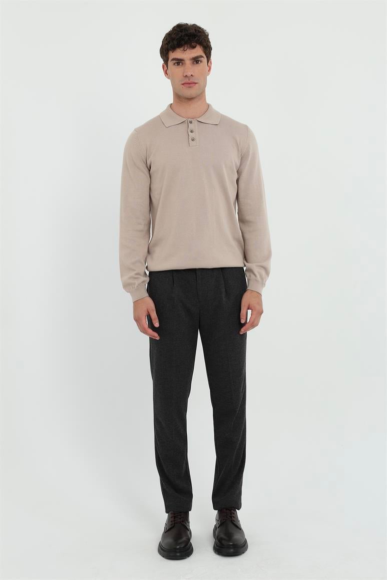 Bej Polo Yaka Düz Regular Fit Erkek Triko