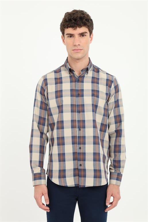 Bej Ekose Desen Regular Fit Erkek Gömlek