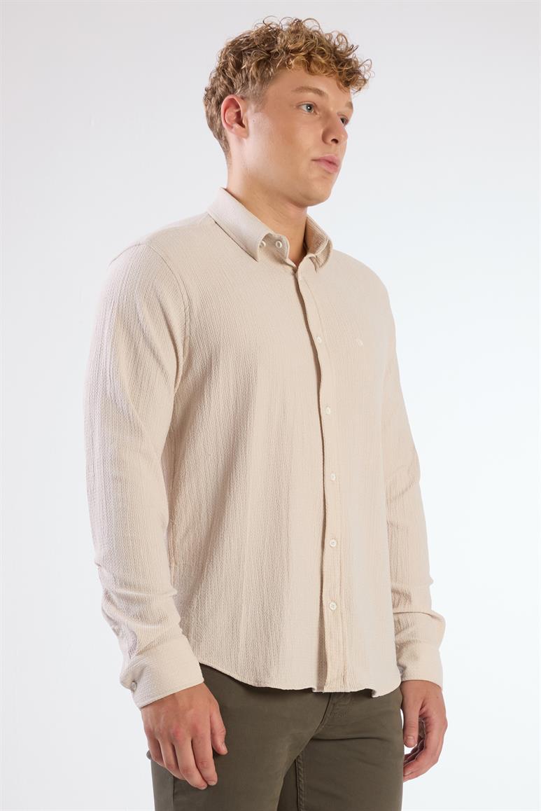 Bej Gofreli Düz Renk Regular Fit Erkek Gömlek