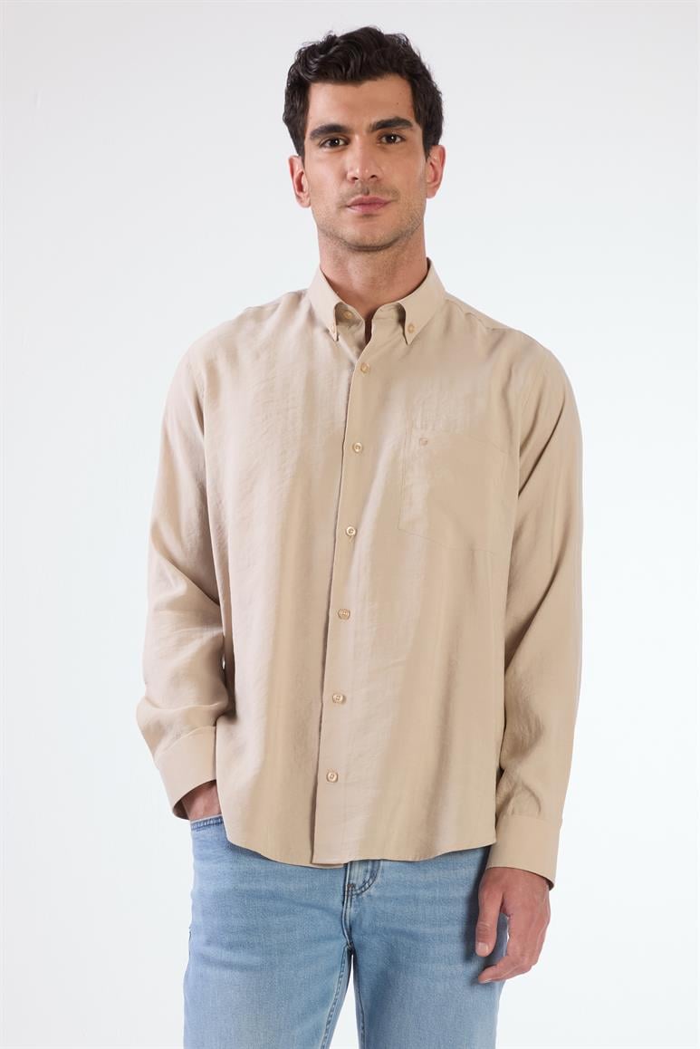 Bej Modal Düz Renk Regular Fit Erkek Gömlek 