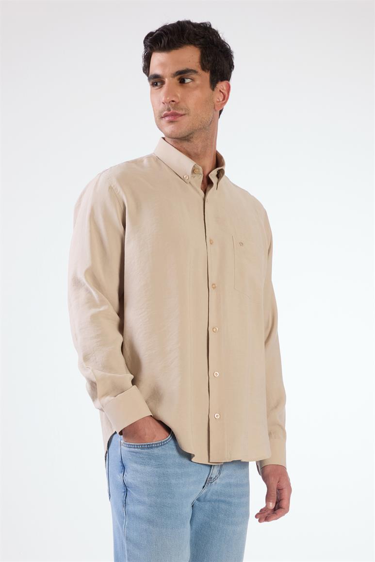 Bej Modal Düz Renk Regular Fit Erkek Gömlek 