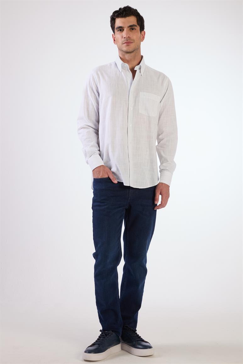 Bej Erkek Regular Fit Çizgili Brent Düğmeli Yaka Uzun Kol Gömlek 