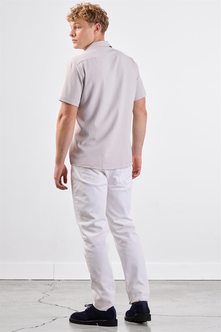 Bej Erkek Regular Fit Düz Apaç Yaka Kısa Kol Gömlek 