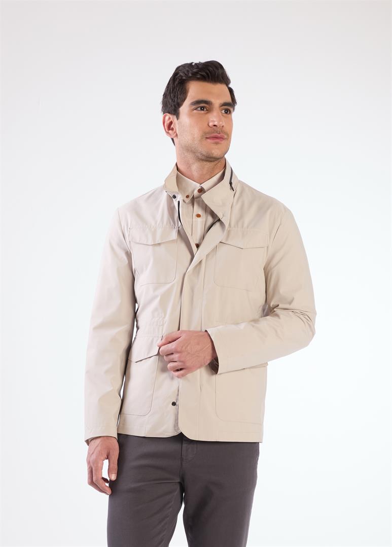 Bej Erkek Regular Fit Düz Renk Hakim Yaka Safari Mont