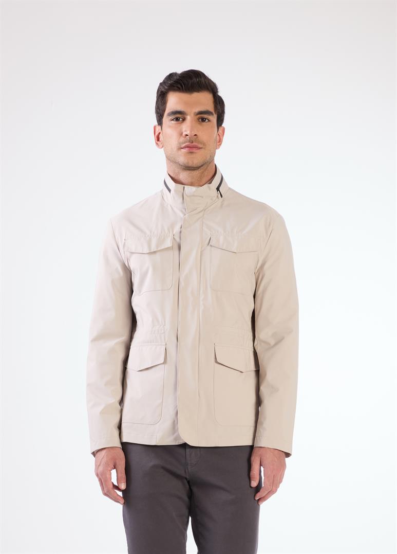 Bej Erkek Regular Fit Düz Renk Hakim Yaka Safari Mont