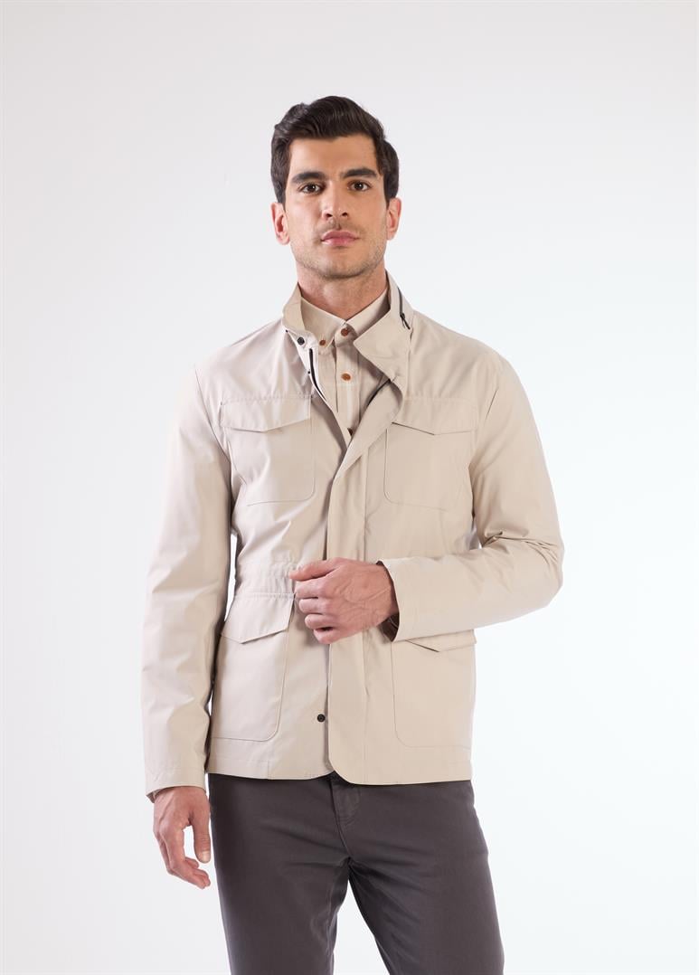 Bej Erkek Regular Fit Düz Renk Hakim Yaka Safari Mont