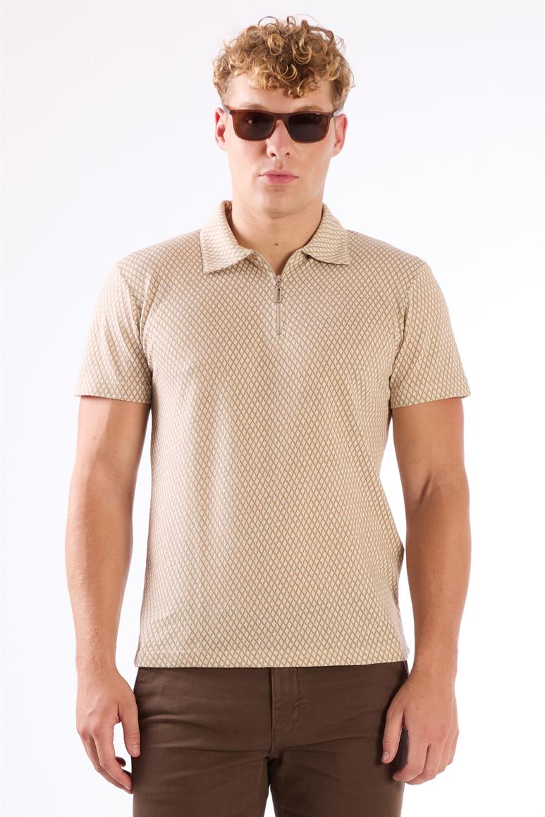 Bej Erkek Slim Fit Baklava Desenli Polo Yaka T-shirt 