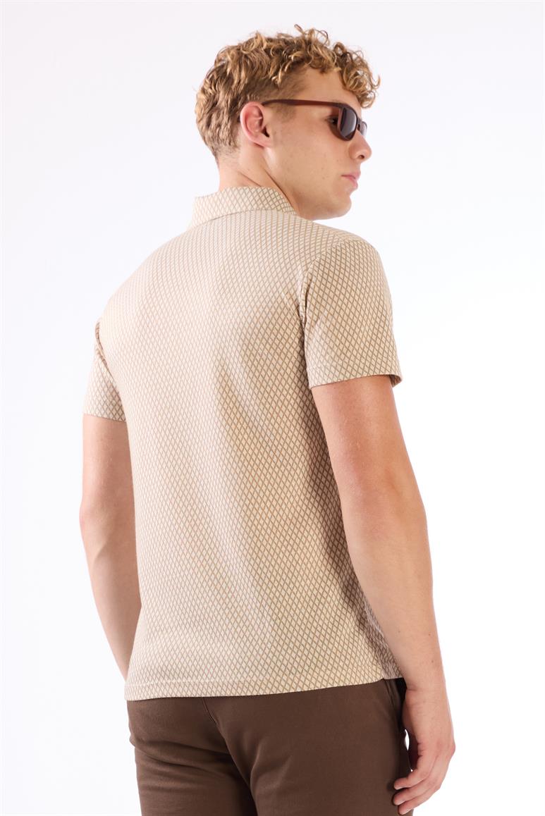 Bej Erkek Slim Fit Baklava Desenli Polo Yaka T-shirt 