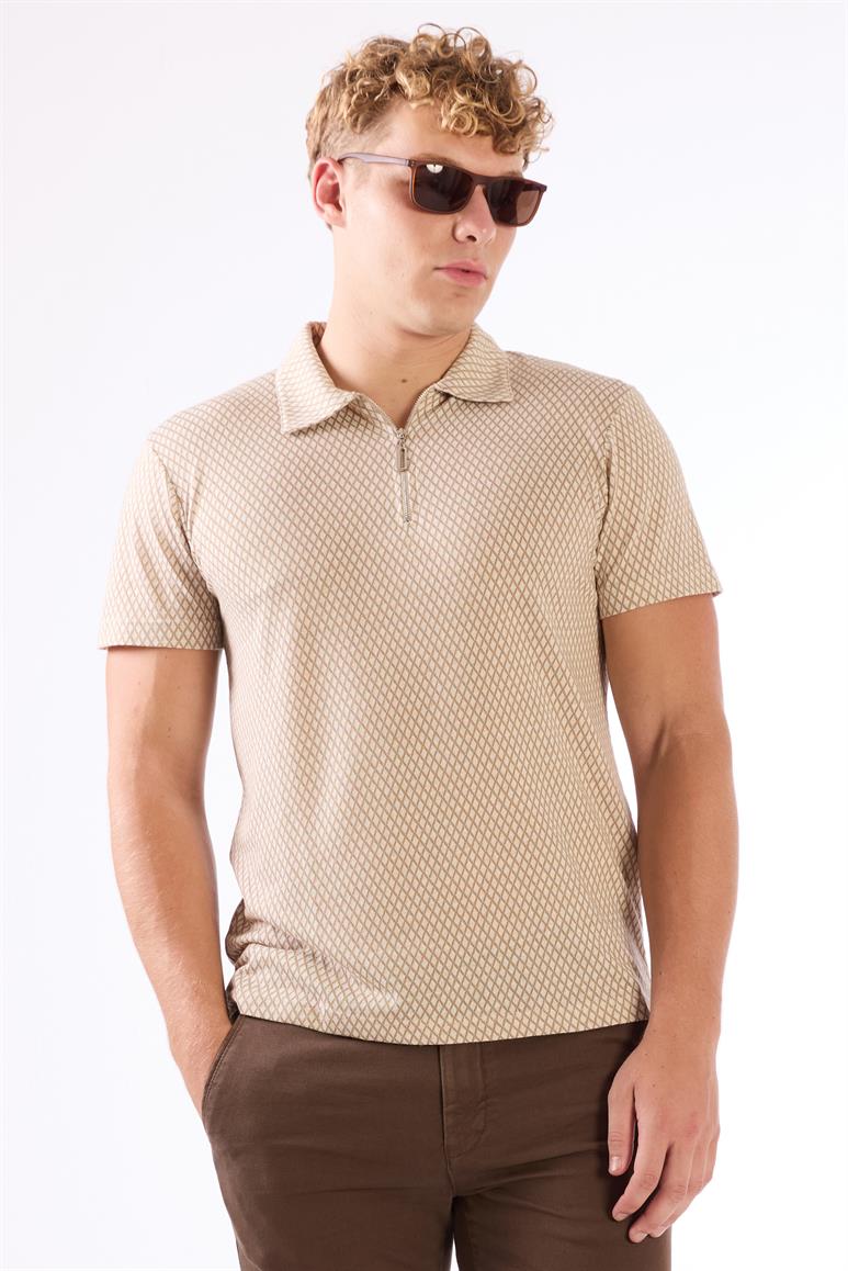 Bej Erkek Slim Fit Baklava Desenli Polo Yaka T-shirt 