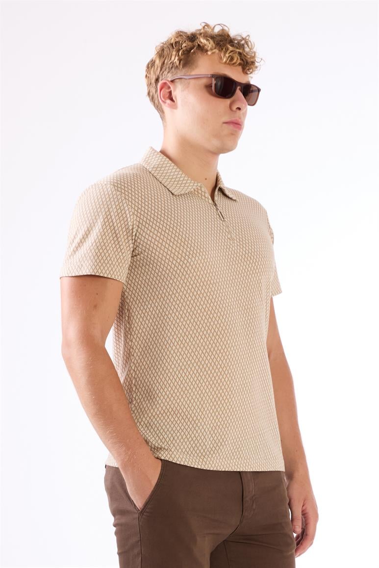 Bej Erkek Slim Fit Baklava Desenli Polo Yaka T-shirt 