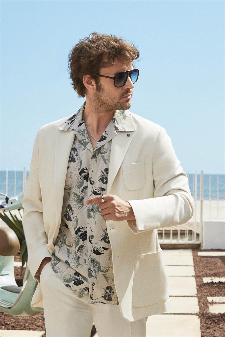 Bej Erkek Slim Fit Düz Mono Yaka Casual Ceket 