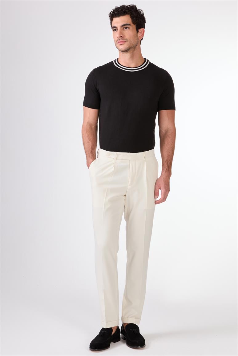 Bej Erkek Slim Fit Düz Pileli Pantolon 