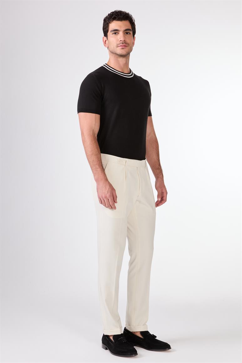 Bej Erkek Slim Fit Düz Pileli Pantolon 