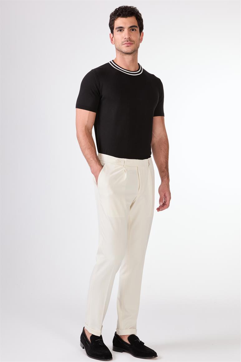 Bej Erkek Slim Fit Düz Pileli Pantolon 
