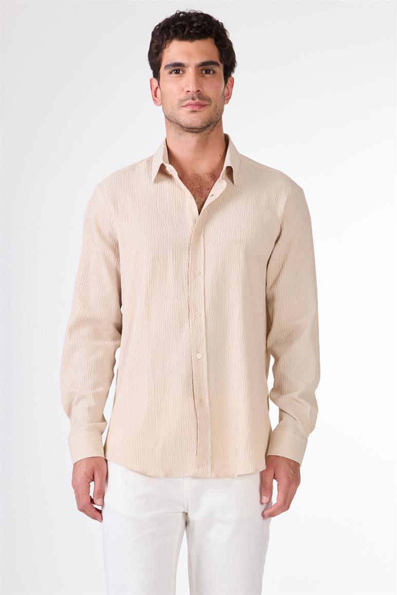 Bej Erkek Slim Fit Gofre Desenli Brent Yaka Uzun Kol Gömlek 