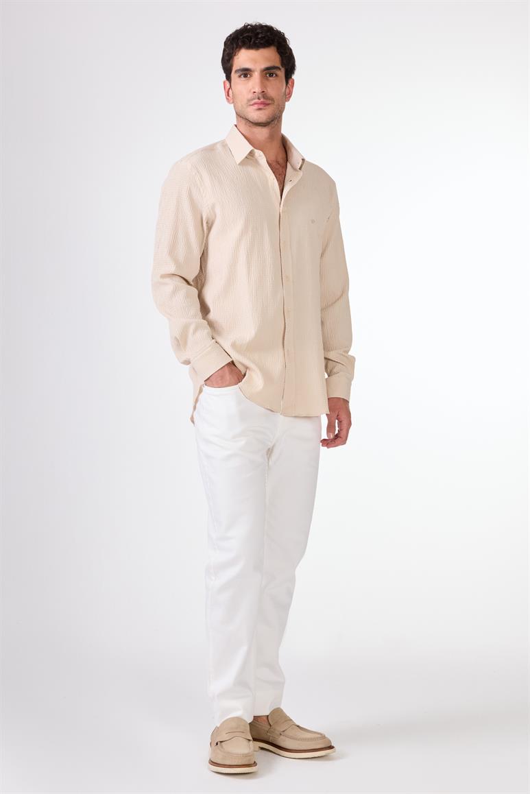 Bej Erkek Slim Fit Gofre Desenli Brent Yaka Uzun Kol Gömlek 