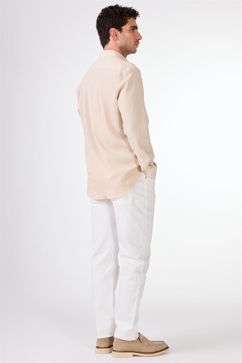Bej Erkek Slim Fit Gofre Desenli Brent Yaka Uzun Kol Gömlek 