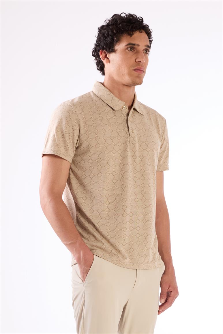 Bej Erkek Slim Fit Jakarlı Polo Yaka T-shirt 