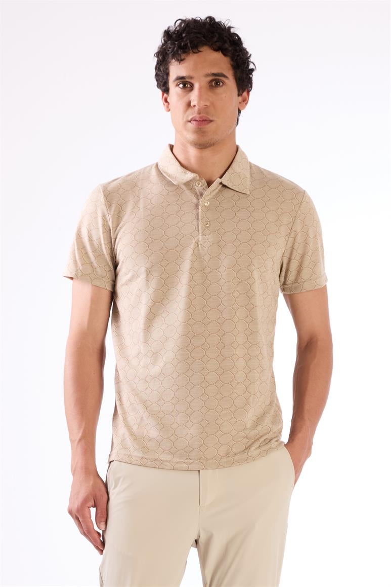 Bej Erkek Slim Fit Jakarlı Polo Yaka T-shirt 