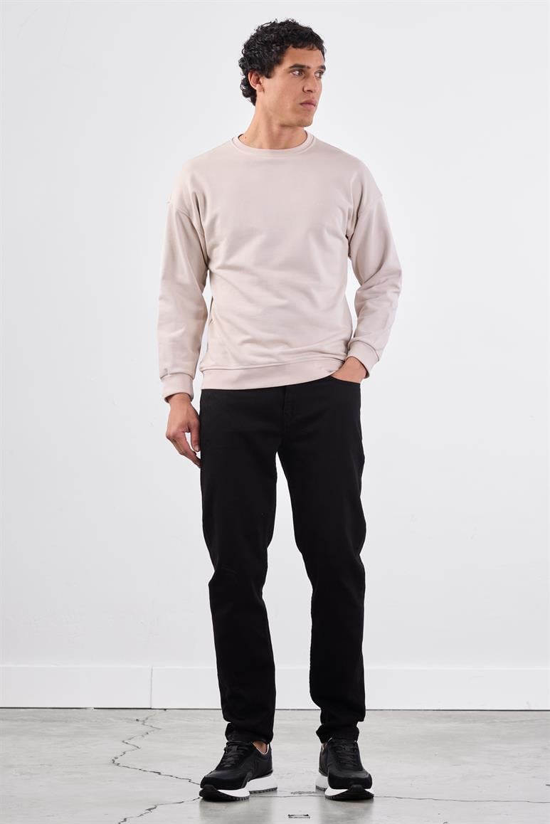 Bej Bisiklet Yaka Regular Fit Erkek Sweatshirt