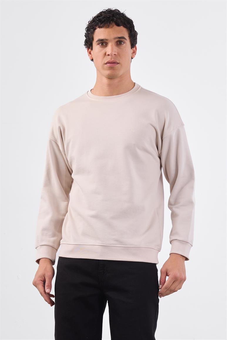 Bej Bisiklet Yaka Regular Fit Erkek Sweatshirt
