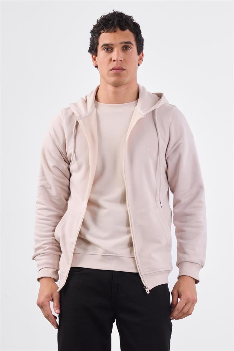 Bej Fermuar Kapamalı Kapüşonlu Erkek Regular Fit Sweatshirt