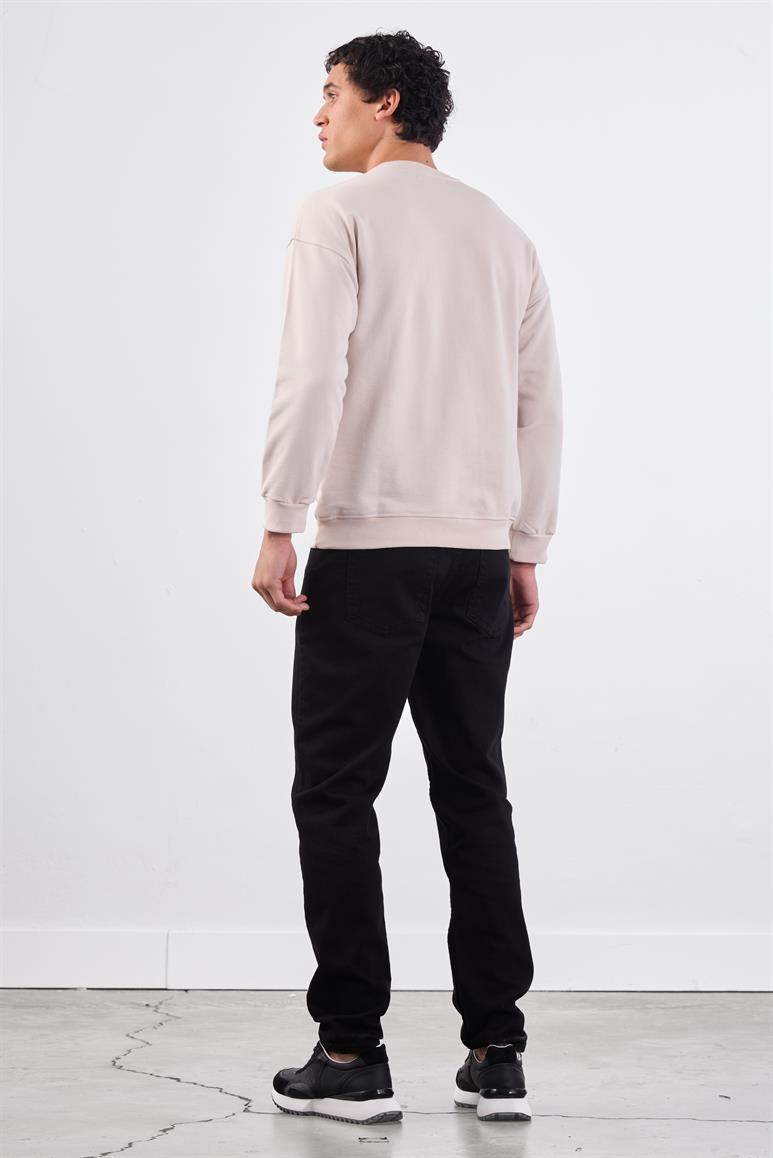 Bej Bisiklet Yaka Regular Fit Erkek Sweatshirt