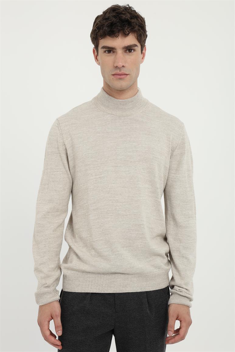 Bej Yarım Balıkçı Slim Fit Erkek Triko
