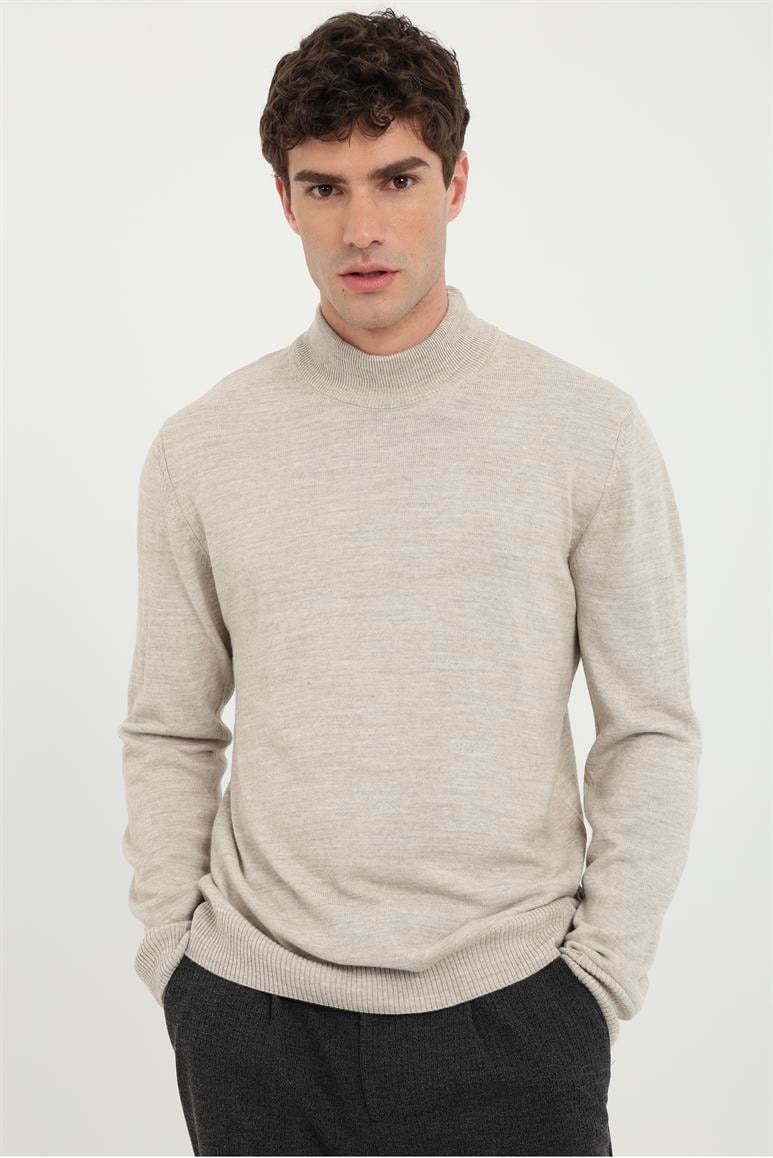 Bej Yarım Balıkçı Slim Fit Erkek Triko