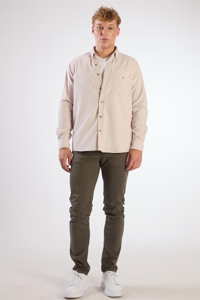 Bej Fitilli Kadife Regular Fit Erkek Gömlek 
