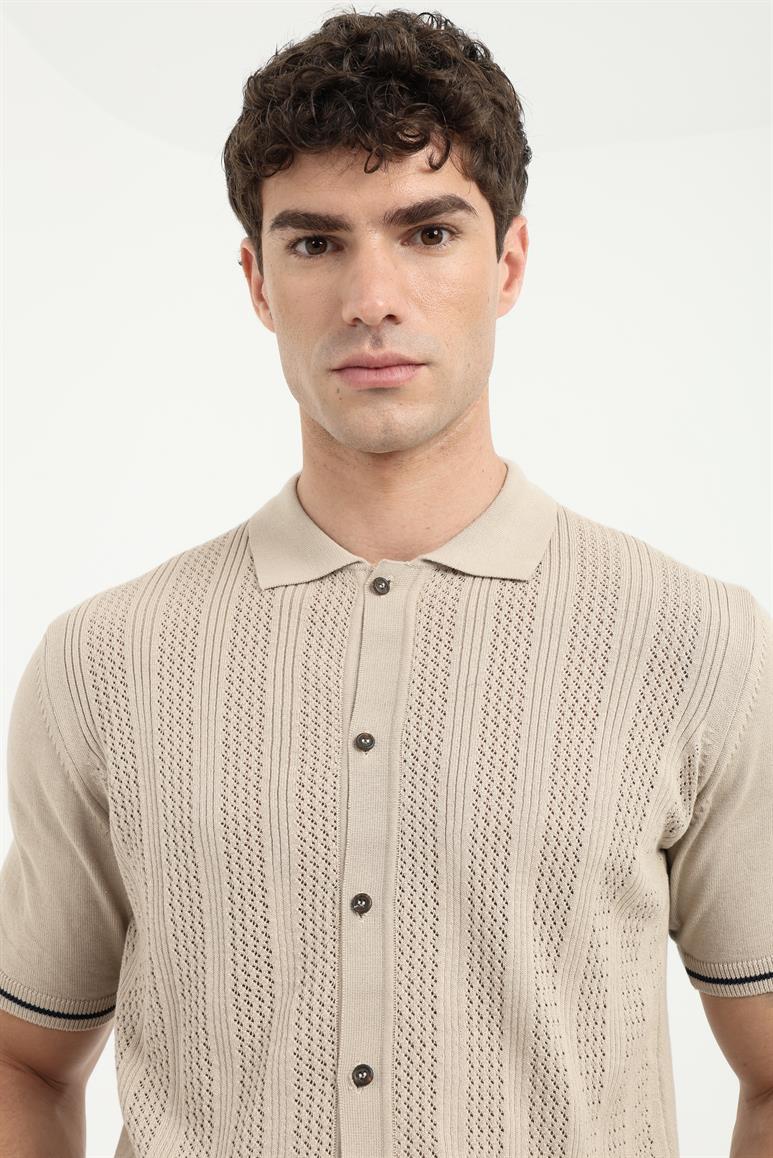 Bej Fitilli Slim Fit Erkek Triko T-shirt