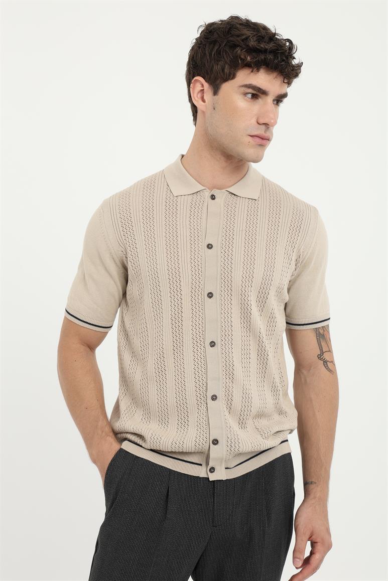 Bej Fitilli Slim Fit Erkek Triko T-shirt