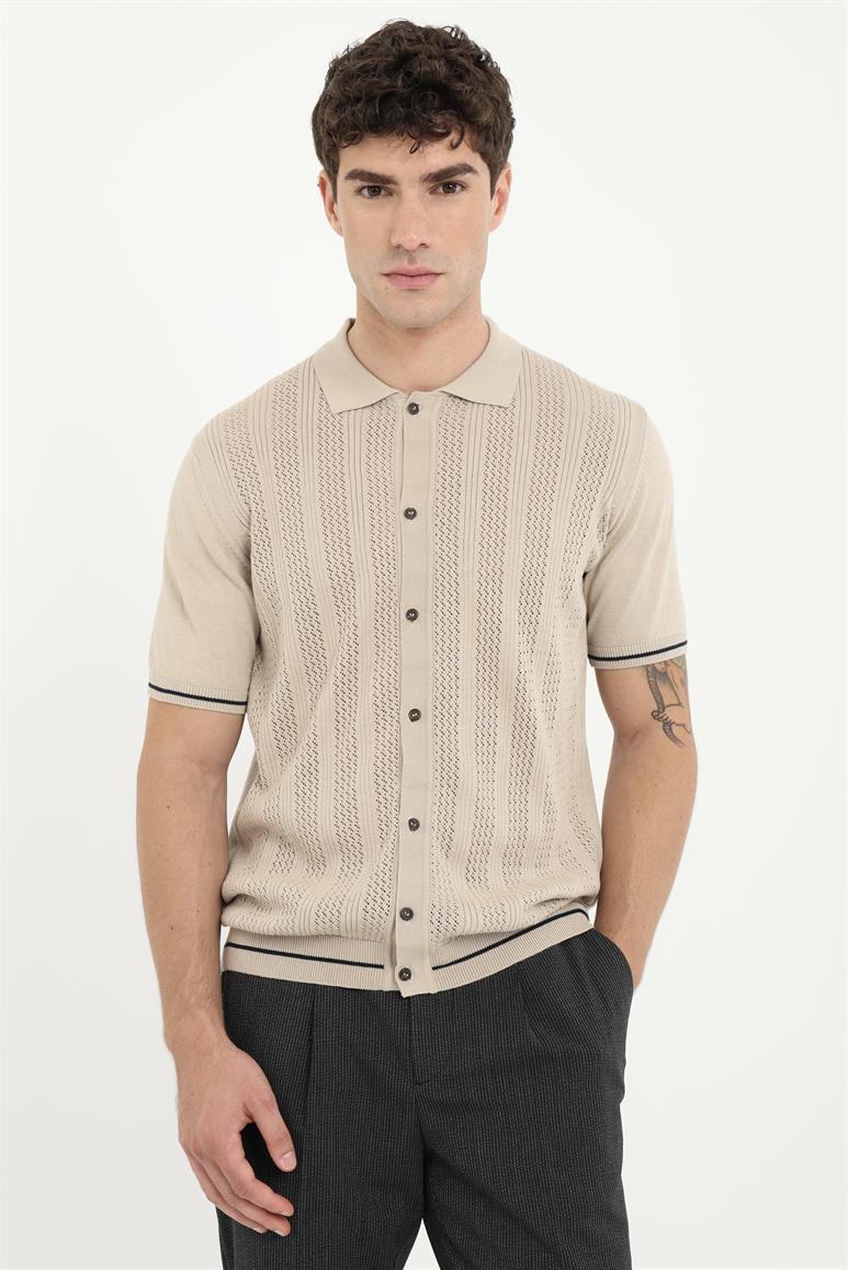 Bej Fitilli Slim Fit Erkek Triko T-shirt