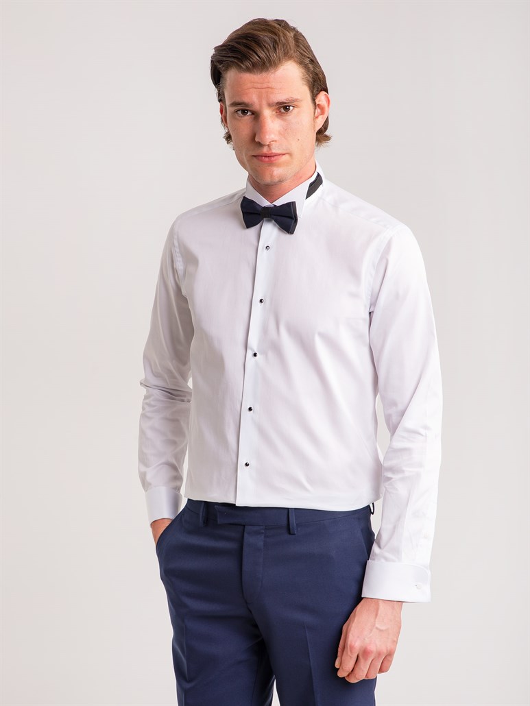 Beyaz Erkek Ekstra Slim Fit Pamuklu Ata Yaka Uzun Kol Gömlek 