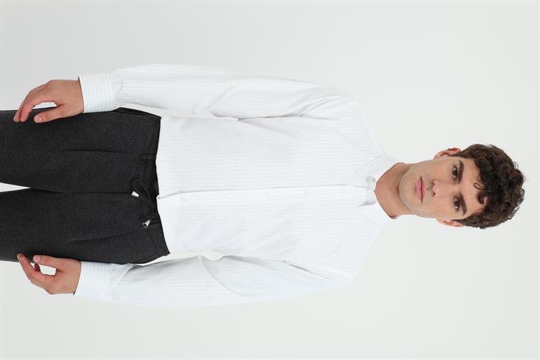 Beyaz Klasik Yaka Bej Çizgili Regular Fit Erkek Gömlek