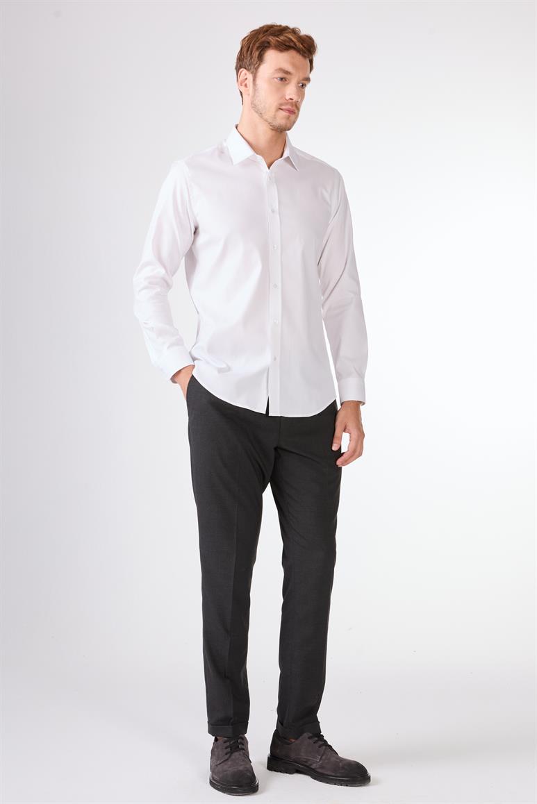 Beyaz Düz  Uzun Kol Slim Fit Erkek Gömlek 