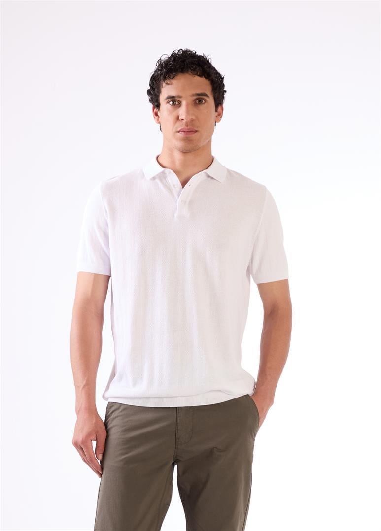 Beyaz Polo Düğme Yaka Düz Renk Slim Fit Erkek Triko