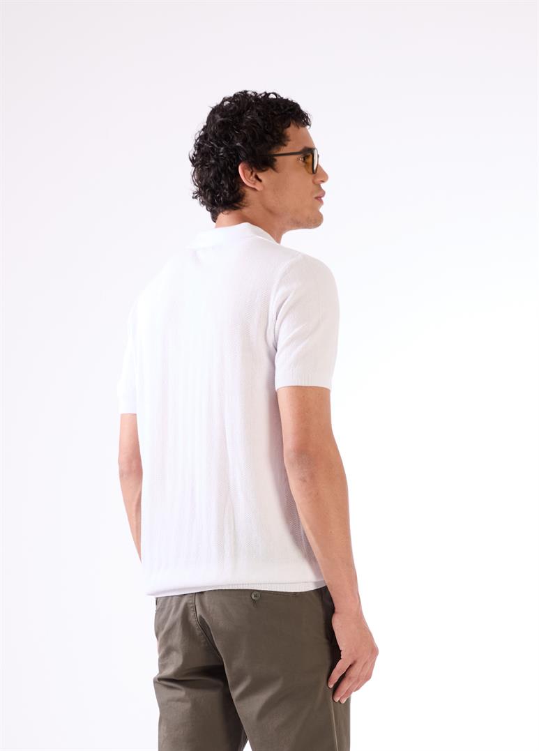 Beyaz Polo Düğme Yaka Düz Renk Slim Fit Erkek Triko