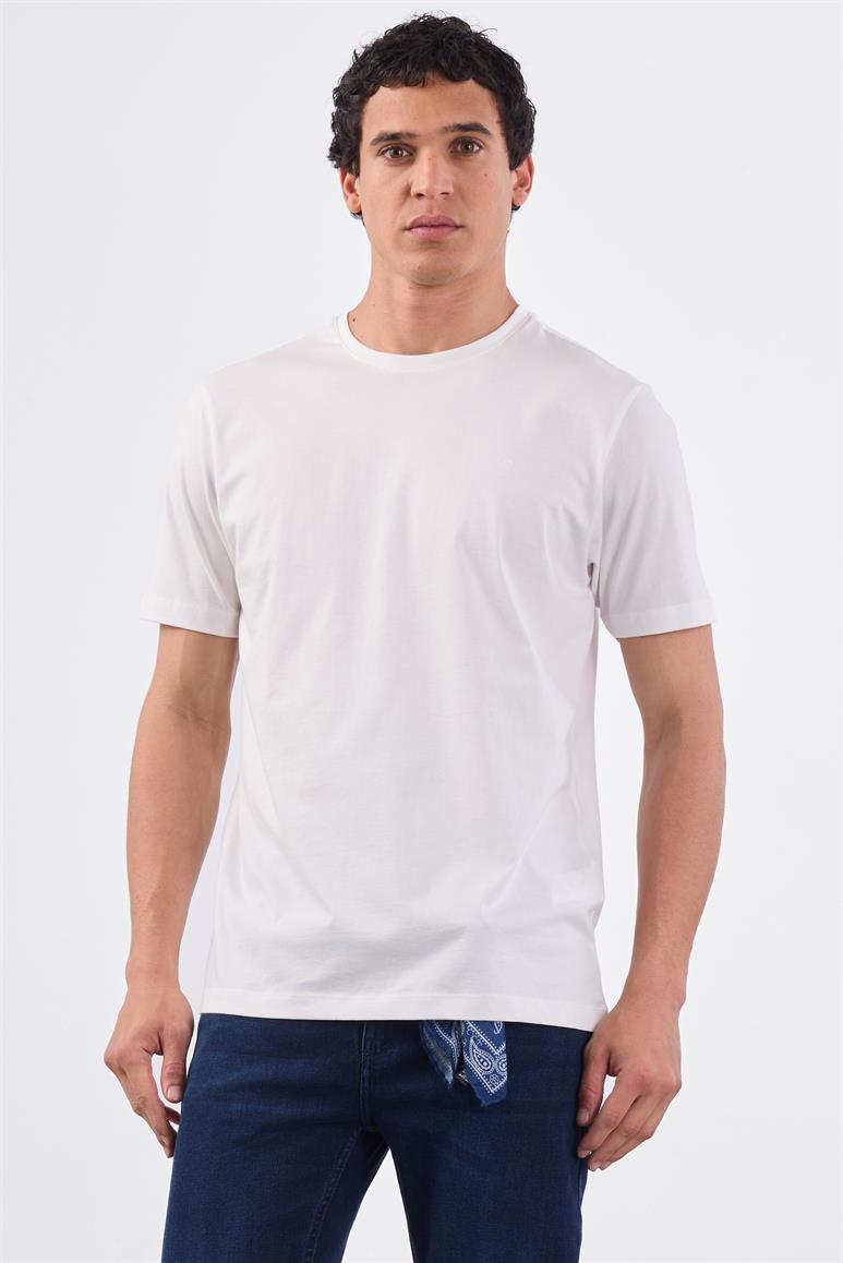 Beyaz Bisiklet Yaka Pamuklu Düz Renk Slim Fit Erkek T-shirt