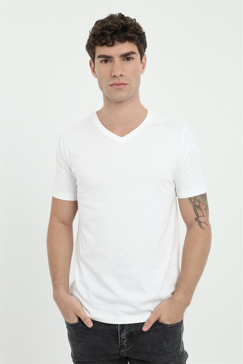Beyaz V Yaka Basic Slim Fit T-Shirt