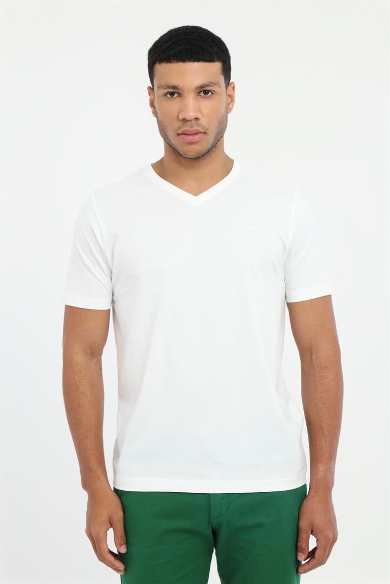 Beyaz V Yaka Basic Slim Fit T-Shirt
