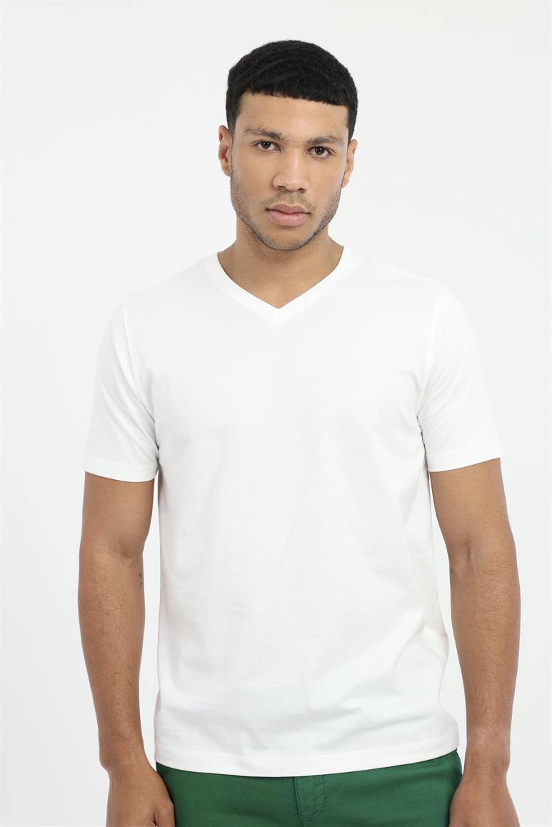Beyaz V Yaka Basic Slim Fit T-Shirt