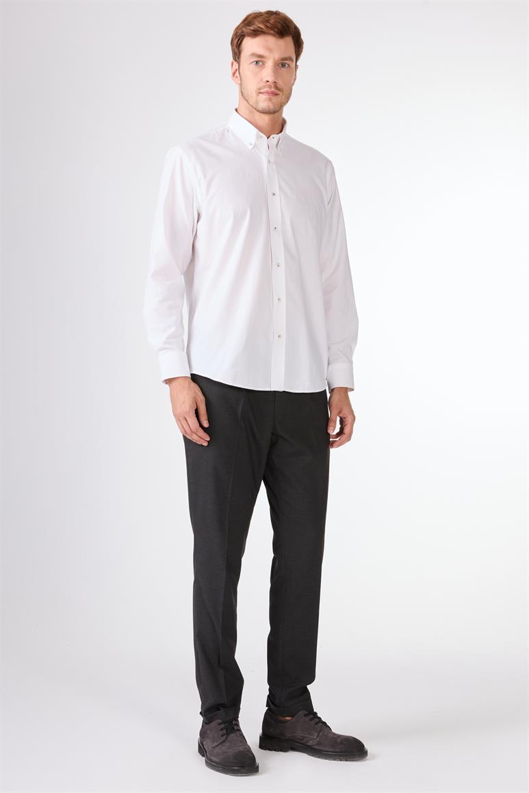 Beyaz Erkek Regular Fit Oxford Brent Düğmeli Yaka Uzun Kol Gömlek 