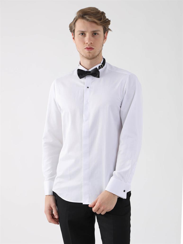 Beyaz Erkek Slim Fit Düz Ata Yaka Duble Manşetli Kol Gömlek 