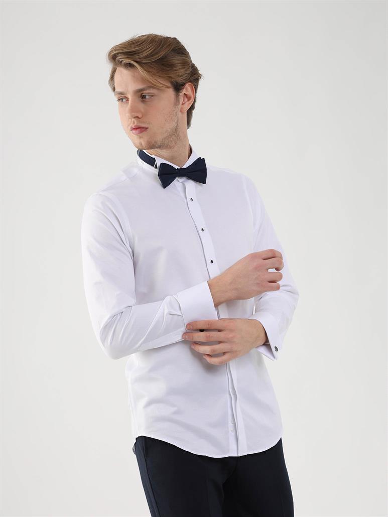 Beyaz Erkek Slim Fit Desenli Ata Yaka Duble Manşetli Kol Gömlek 