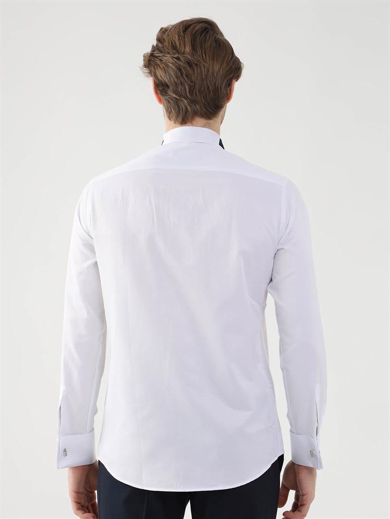 Beyaz Erkek Slim Fit Desenli Ata Yaka Duble Manşetli Kol Gömlek 