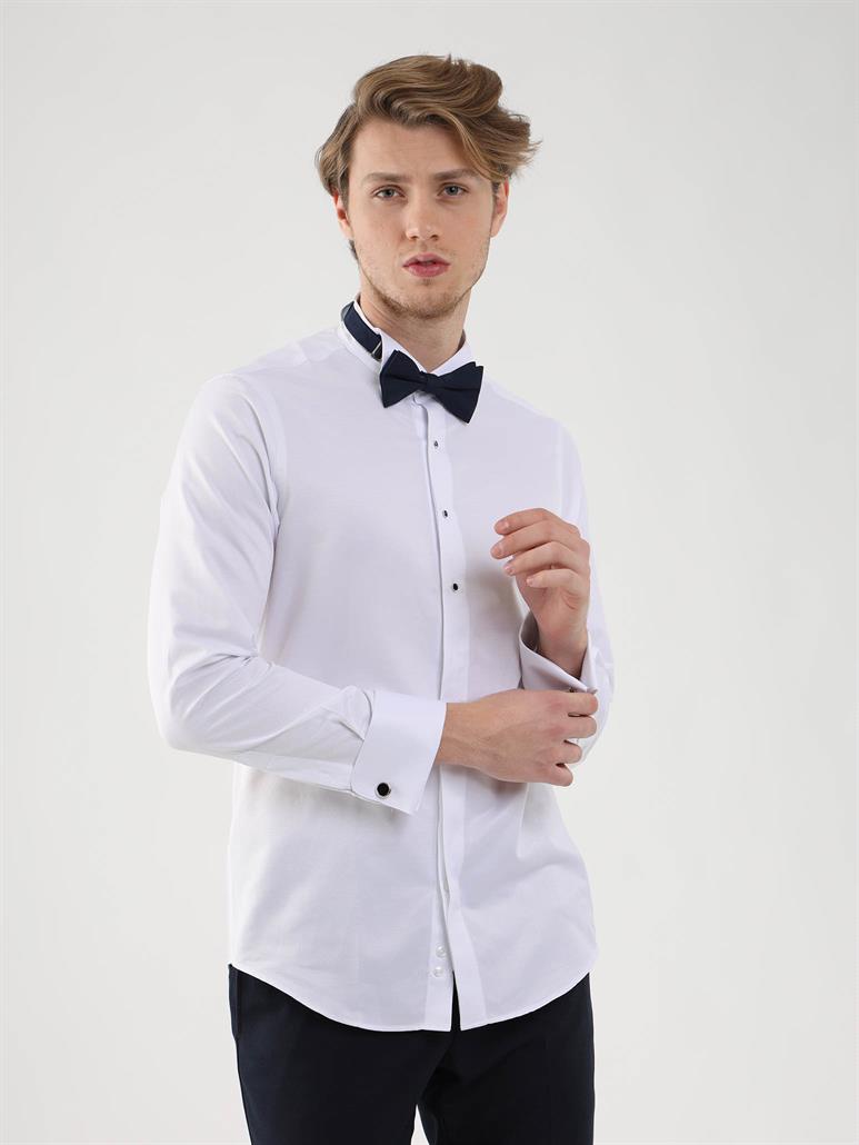 Beyaz Erkek Slim Fit Desenli Ata Yaka Duble Manşetli Kol Gömlek 
